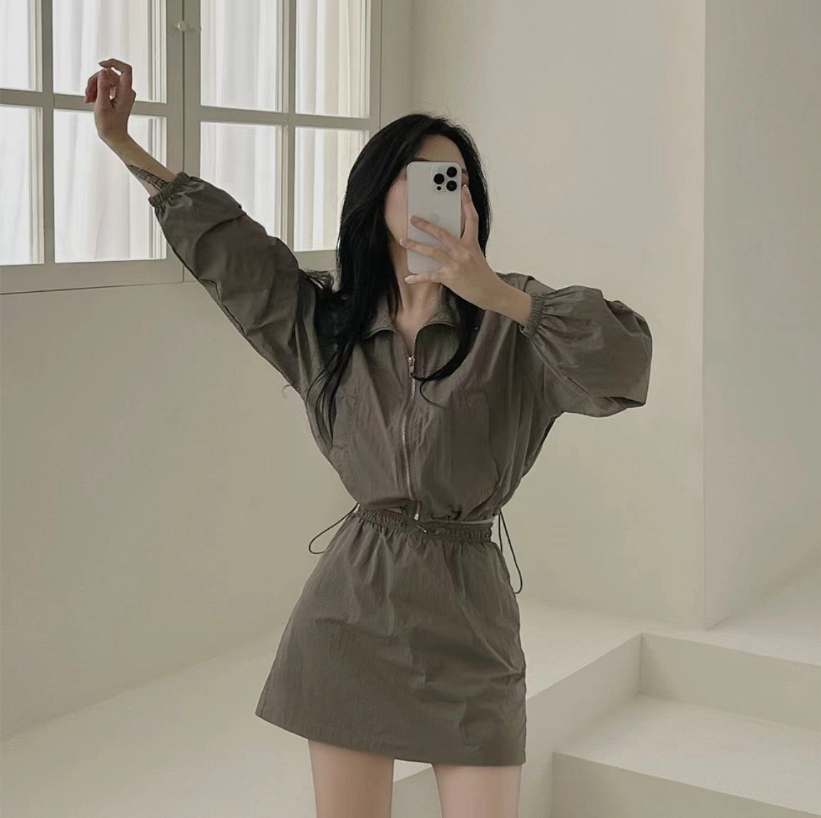 Casual Turn-down Collar Long Sleeve Jacket + High Waist Skirt Set