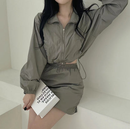 Casual Turn-down Collar Long Sleeve Jacket + High Waist Skirt Set