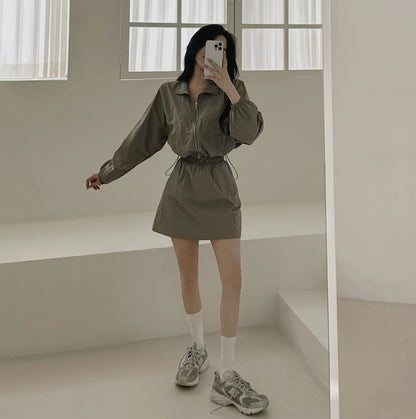 Casual Turn-down Collar Long Sleeve Jacket + High Waist Skirt Set