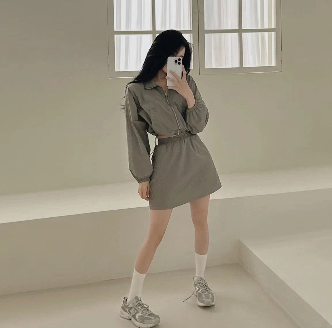 Casual Turn-down Collar Long Sleeve Jacket + High Waist Skirt Set