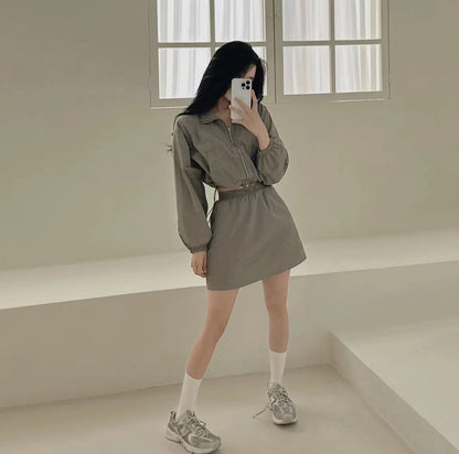 Casual Turn-down Collar Long Sleeve Jacket + High Waist Skirt Set