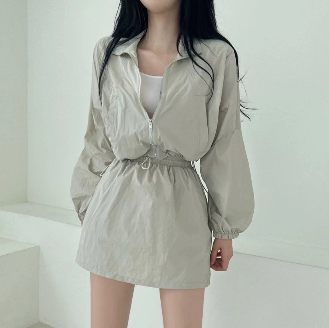 Casual Turn-down Collar Long Sleeve Jacket + High Waist Skirt Set