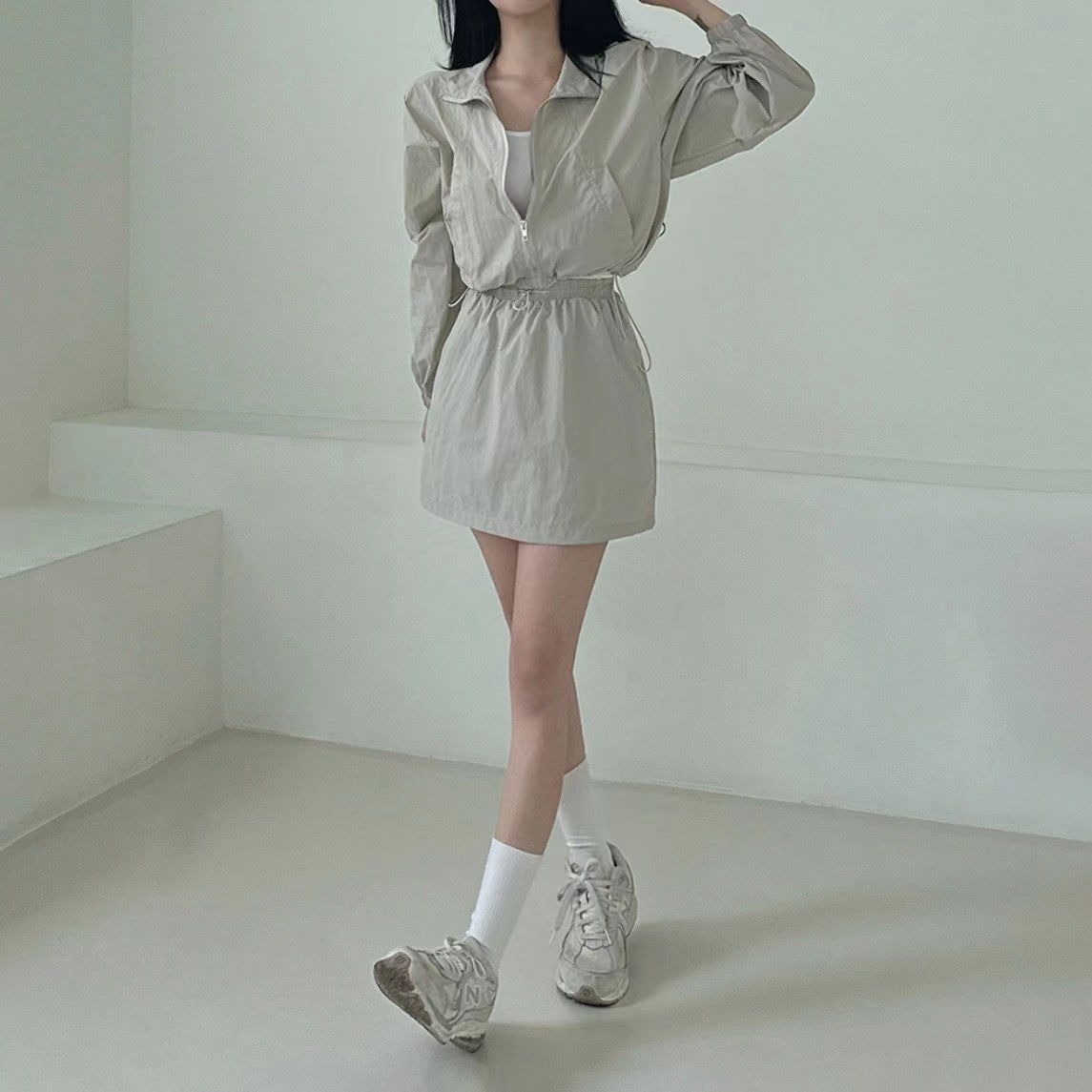 Casual Turn-down Collar Long Sleeve Jacket + High Waist Skirt Set