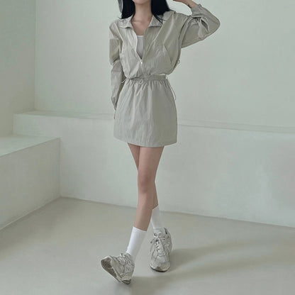 Casual Turn-down Collar Long Sleeve Jacket + High Waist Skirt Set