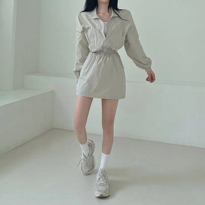 Casual Turn-down Collar Long Sleeve Jacket + High Waist Skirt Set