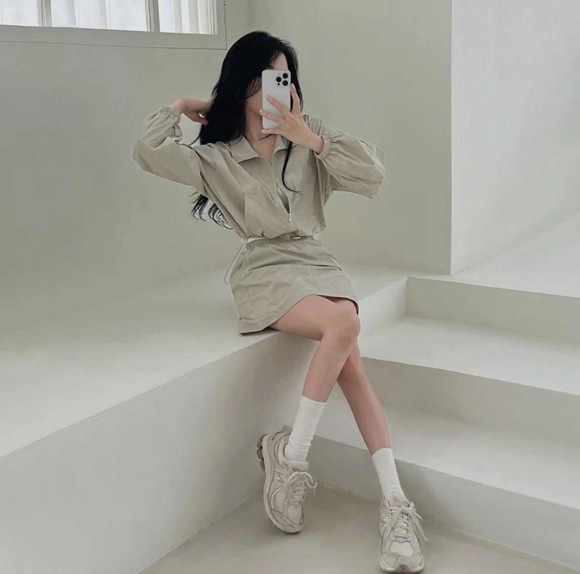 Casual Turn-down Collar Long Sleeve Jacket + High Waist Skirt Set