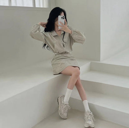 Casual Turn-down Collar Long Sleeve Jacket + High Waist Skirt Set