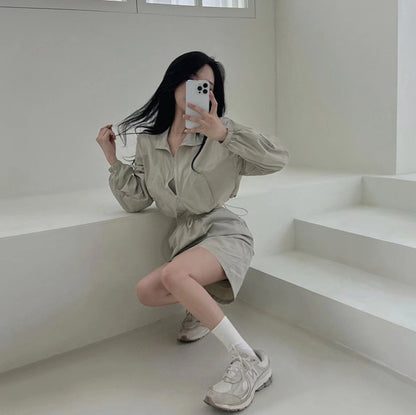 Casual Turn-down Collar Long Sleeve Jacket + High Waist Skirt Set