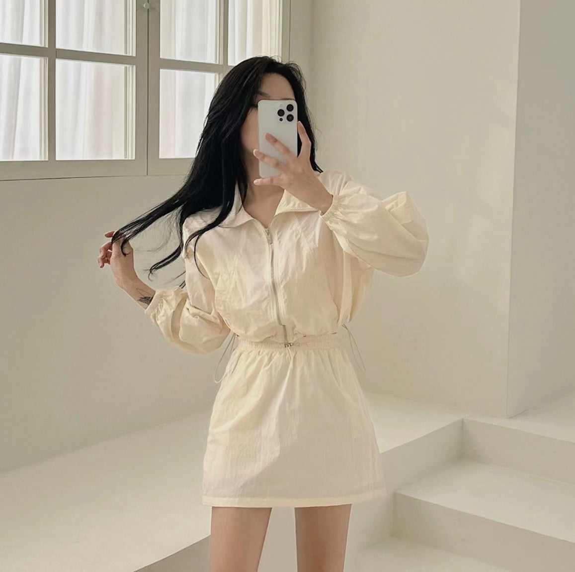 Casual Turn-down Collar Long Sleeve Jacket + High Waist Skirt Set