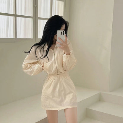 Casual Turn-down Collar Long Sleeve Jacket + High Waist Skirt Set