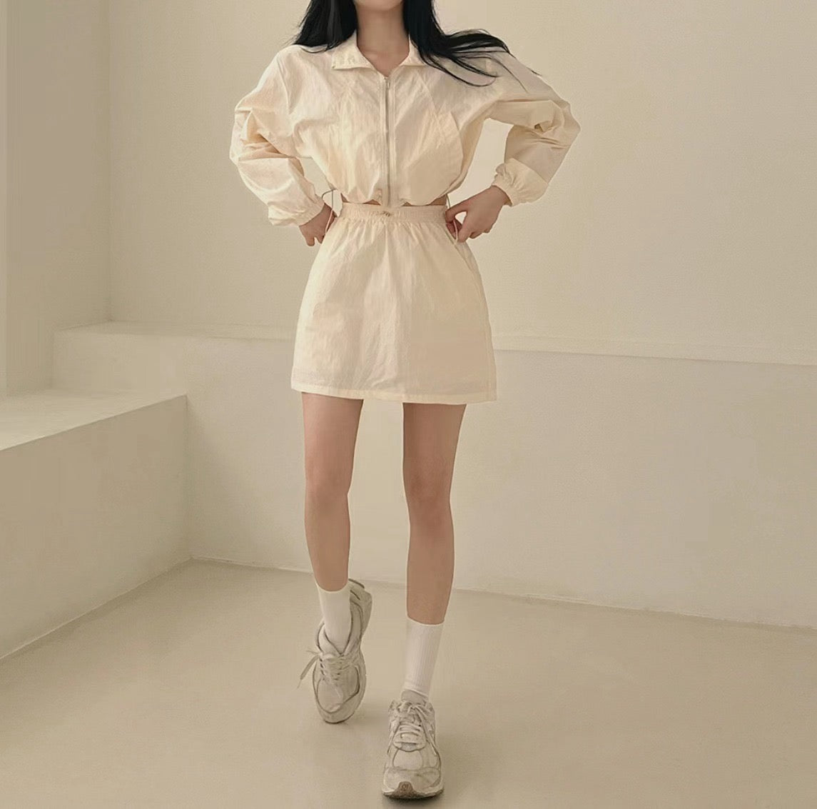 Casual Turn-down Collar Long Sleeve Jacket + High Waist Skirt Set