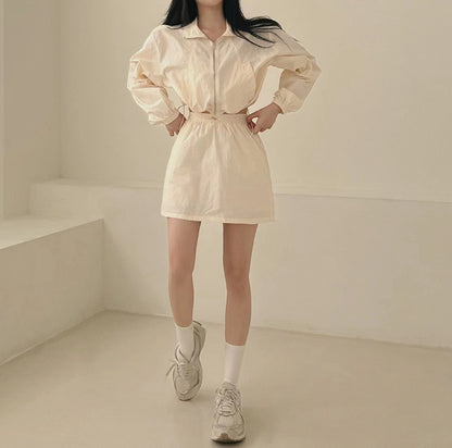 Casual Turn-down Collar Long Sleeve Jacket + High Waist Skirt Set