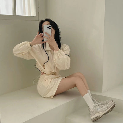 Casual Turn-down Collar Long Sleeve Jacket + High Waist Skirt Set