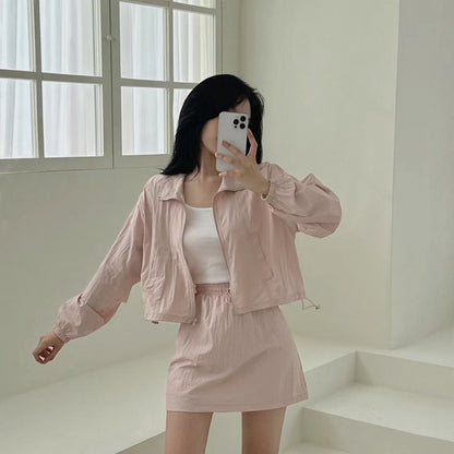 Casual Turn-down Collar Long Sleeve Jacket + High Waist Skirt Set