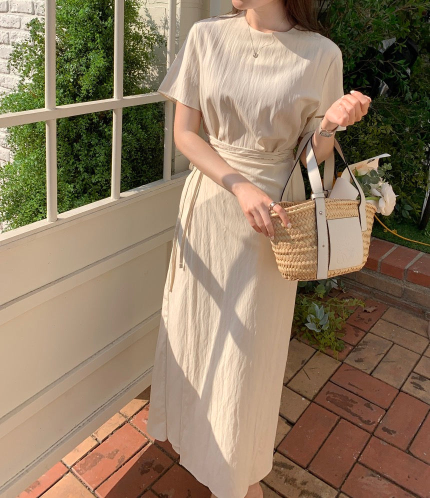 Round Neck Slim Fit Tie Waist Dress