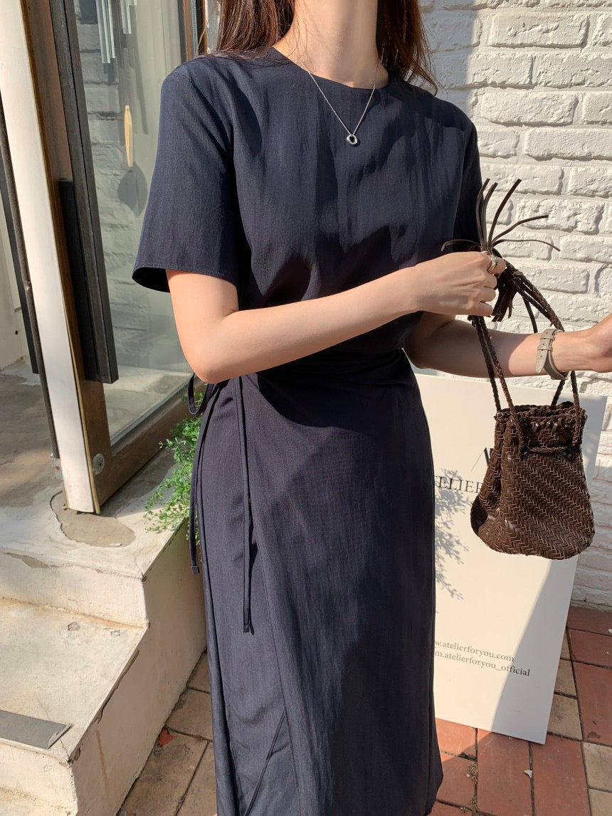 Round Neck Slim Fit Tie Waist Dress