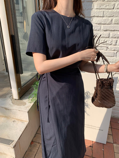 Round Neck Slim Fit Tie Waist Dress