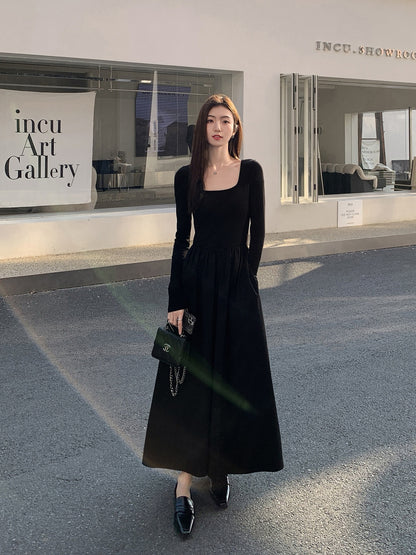 法式方領收腰顯瘦連身裙