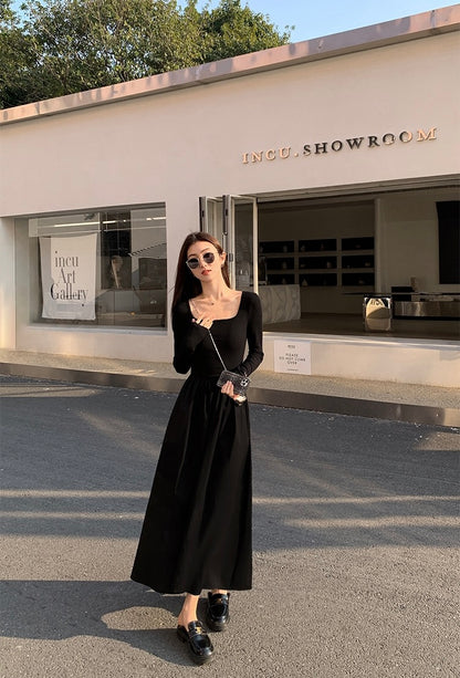 法式方領收腰顯瘦連身裙