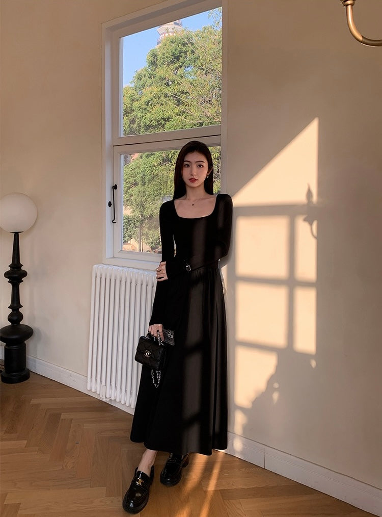 法式方領收腰顯瘦連身裙