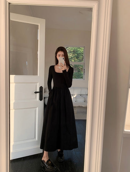 法式方領收腰顯瘦連身裙