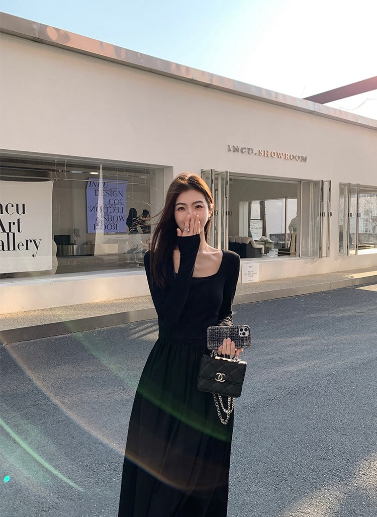 法式方領收腰顯瘦連身裙