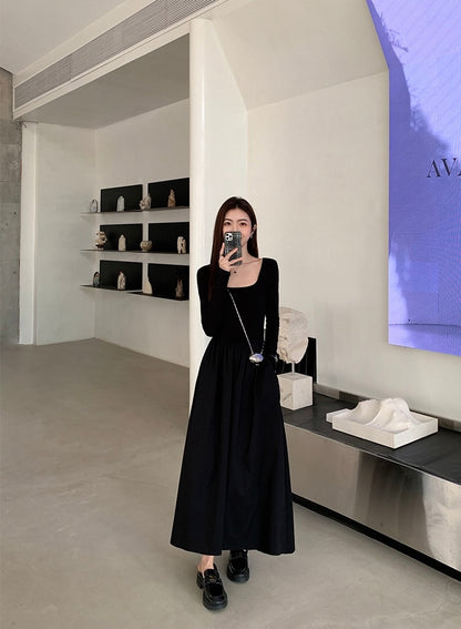 法式方領收腰顯瘦連身裙