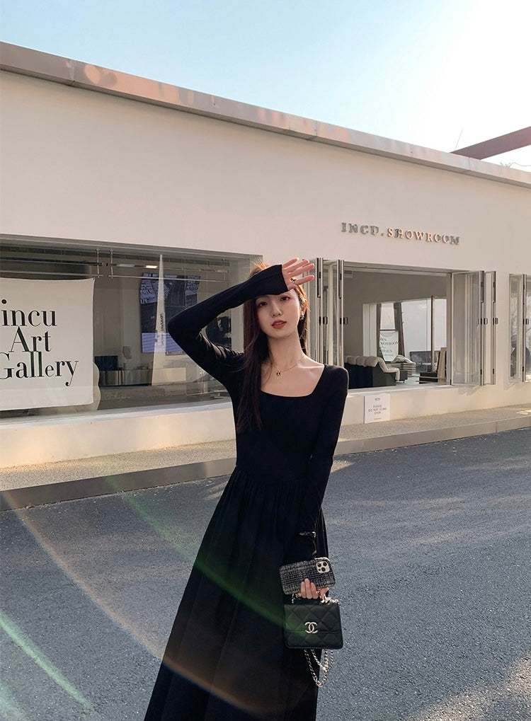 法式方領收腰顯瘦連身裙