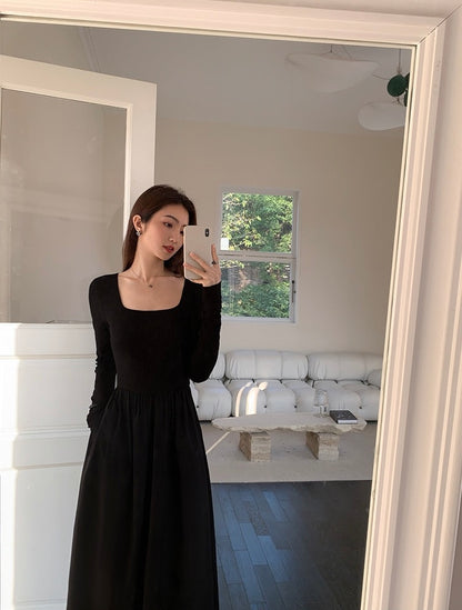 法式方領收腰顯瘦連身裙