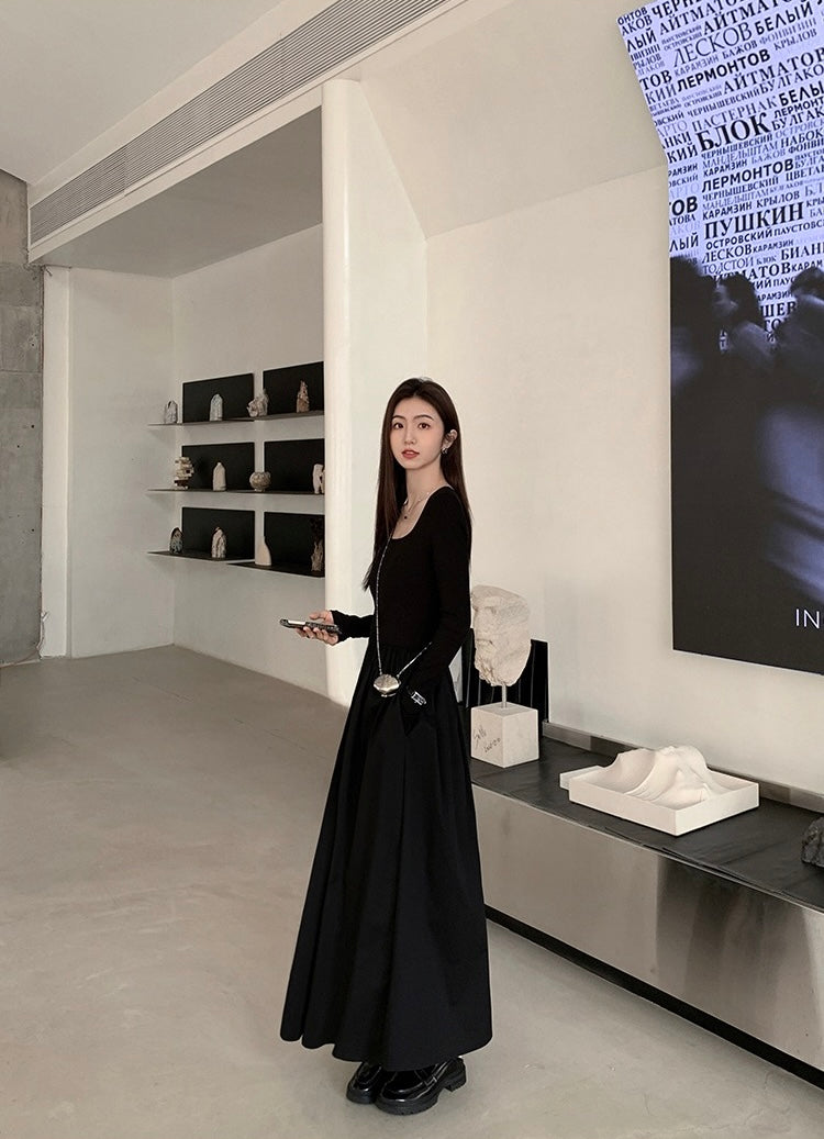 法式方領收腰顯瘦連身裙