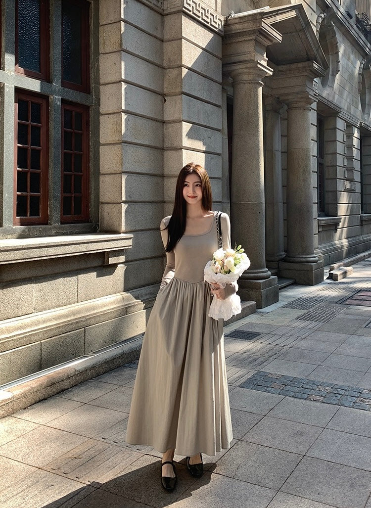 法式方領收腰顯瘦連身裙