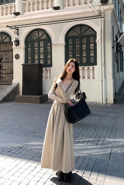 法式方領收腰顯瘦連身裙