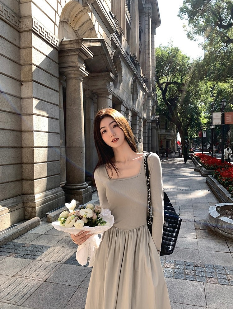 法式方領收腰顯瘦連身裙