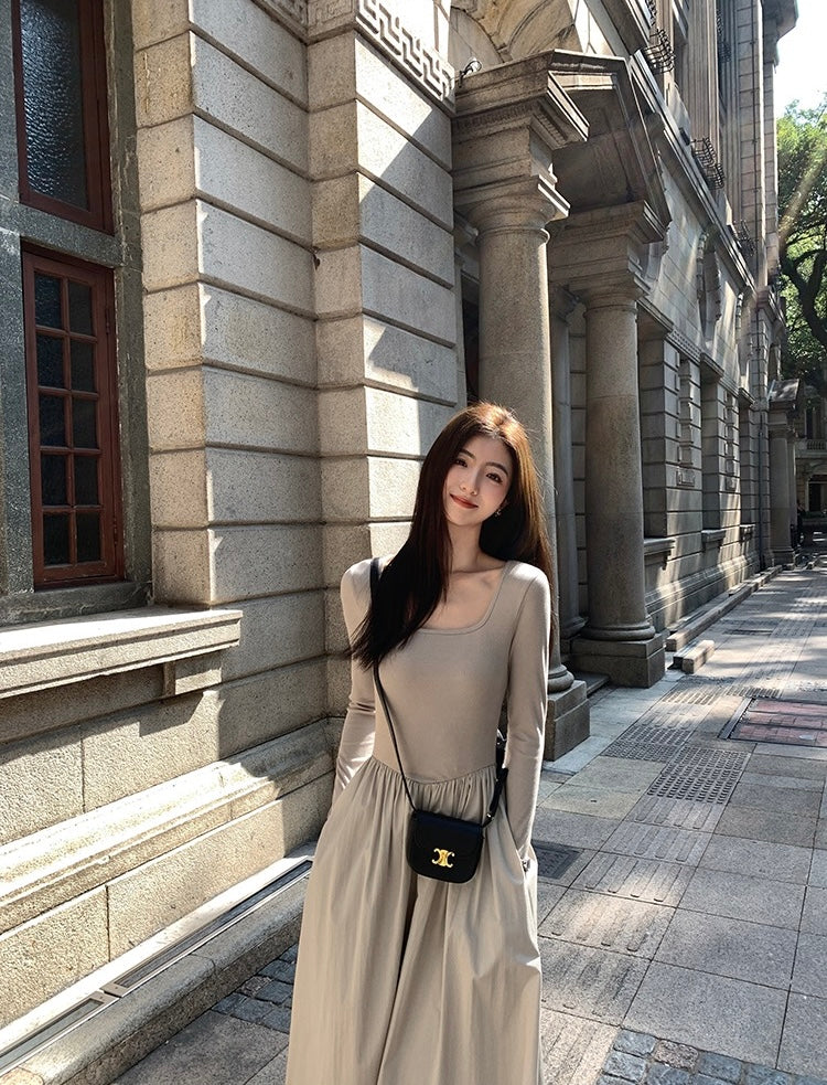 法式方領收腰顯瘦連身裙