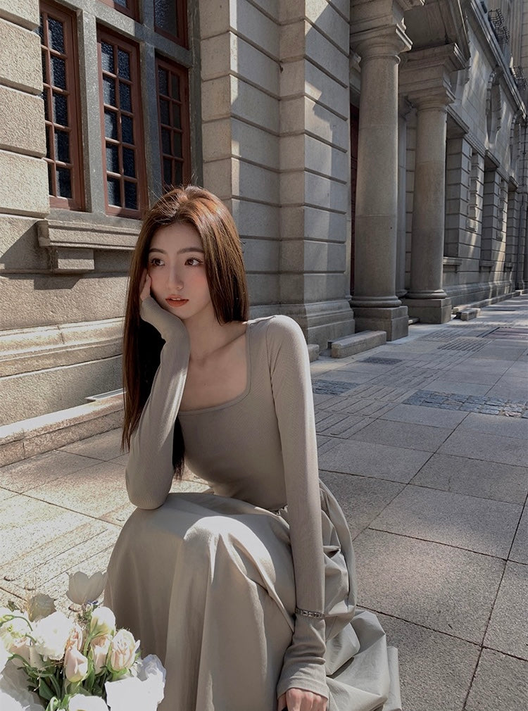 法式方領收腰顯瘦連身裙