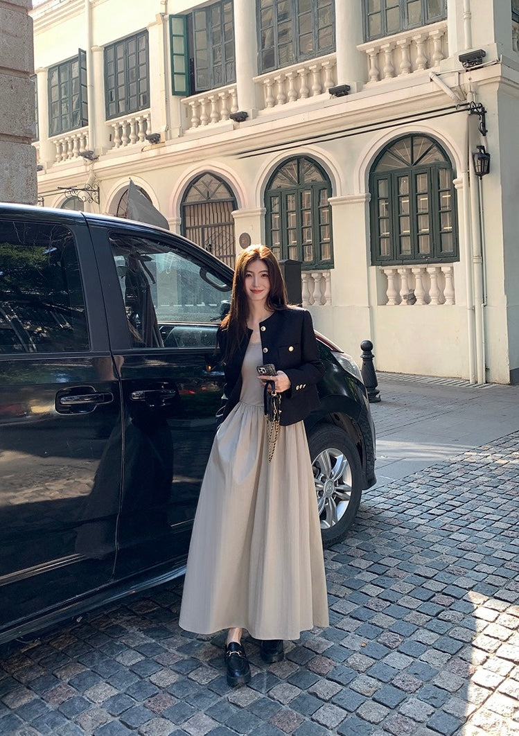 法式方領收腰顯瘦連身裙