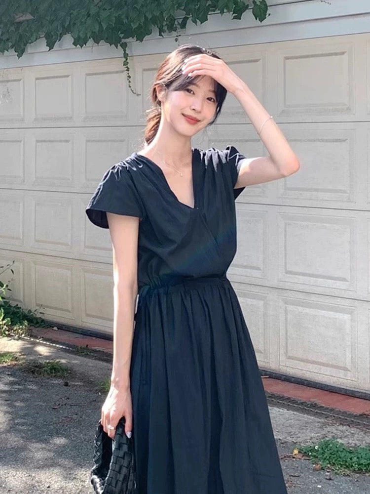 V領抽繩褶皺連身裙