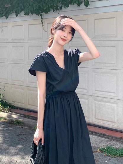 V領抽繩褶皺連身裙