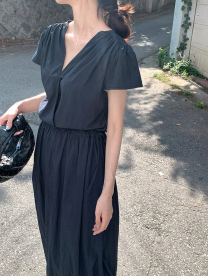 V領抽繩褶皺連身裙