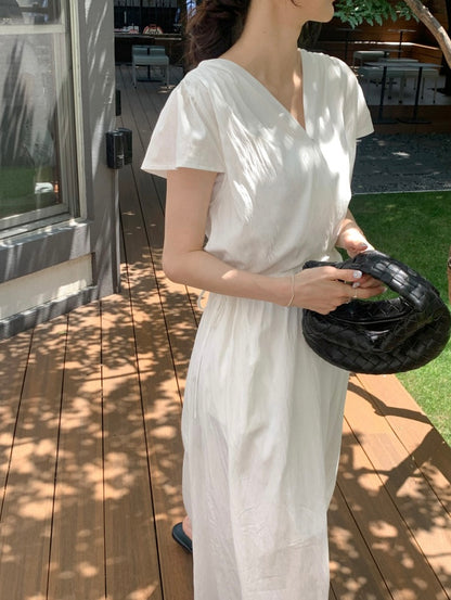 V領抽繩褶皺連身裙