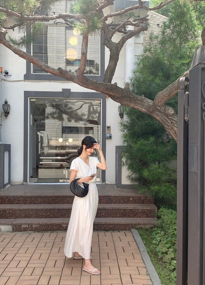 V領抽繩褶皺連身裙