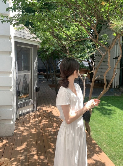 V領抽繩褶皺連身裙