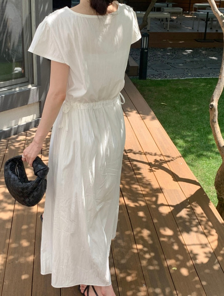 V領抽繩褶皺連身裙