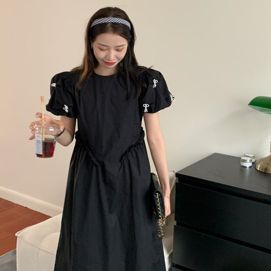 珍珠蝴蝶結褶皺收腰連身裙