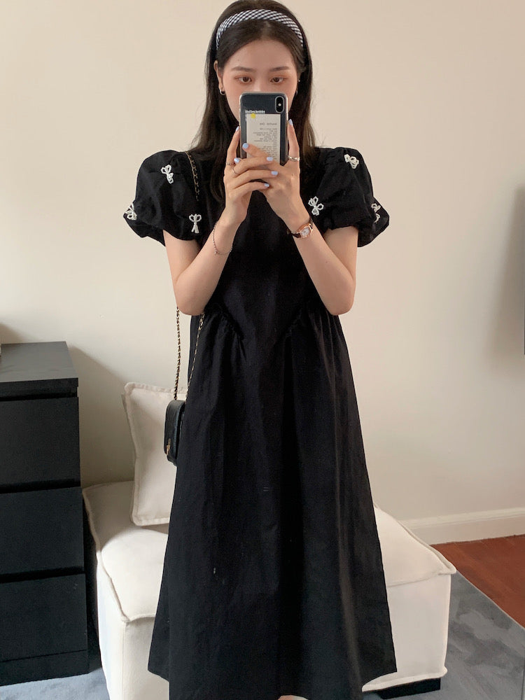 Pearl Bow Ruched Waist Dress