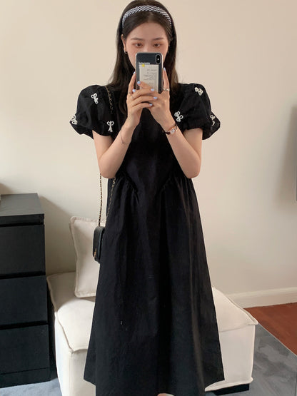 Pearl Bow Ruched Waist Dress