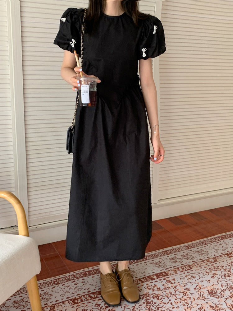 Pearl Bow Ruched Waist Dress