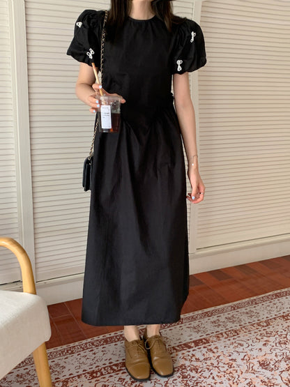 Pearl Bow Ruched Waist Dress