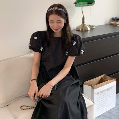 Pearl Bow Ruched Waist Dress