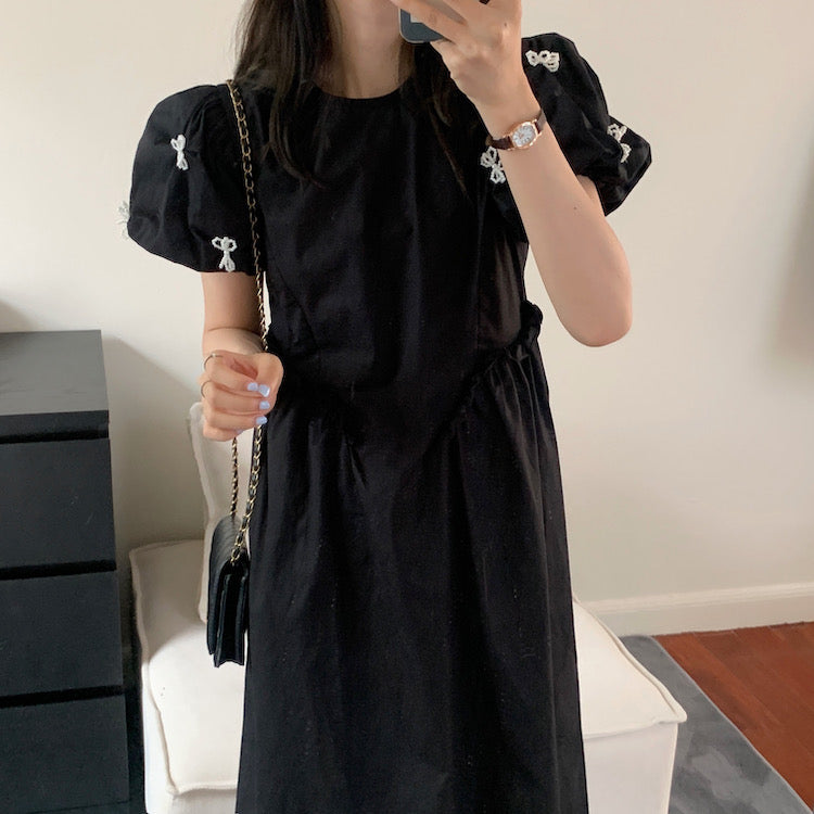 Pearl Bow Ruched Waist Dress